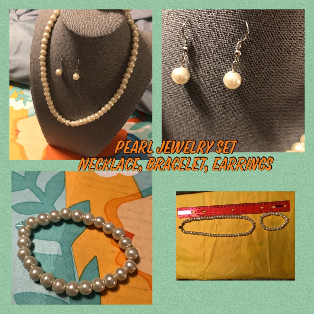 Pearl jewelry set: necklace, bracelet & earrings